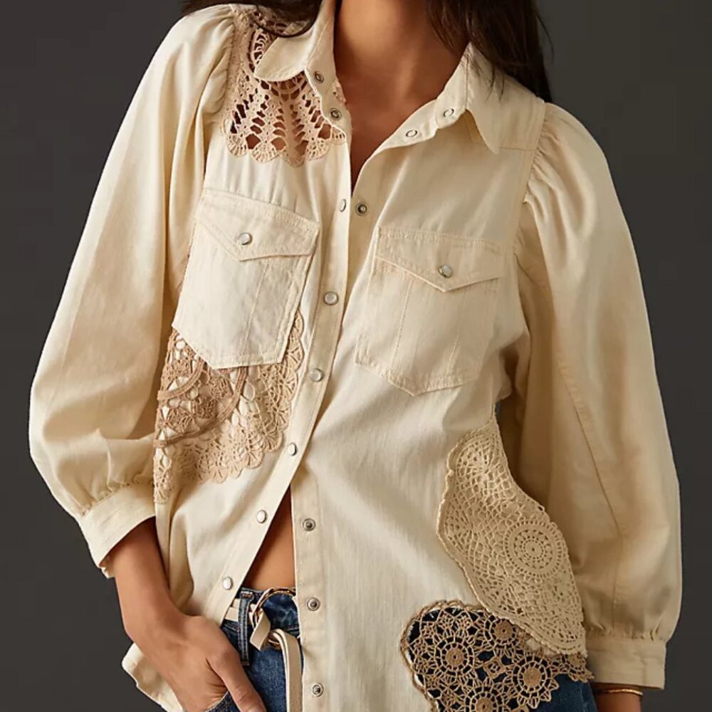 Anthropologie Bohemian Crochet 3/4 Sleeve Button Down NWOT Size XXS